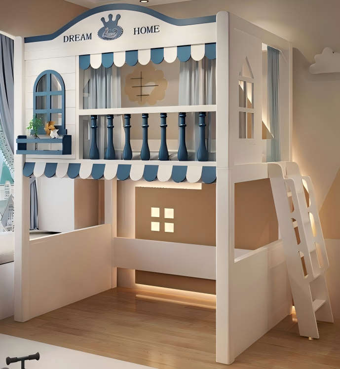 Kids Loft Bed with Ladder & Storage Wardrobe | Space-Saving Study Bed Combo