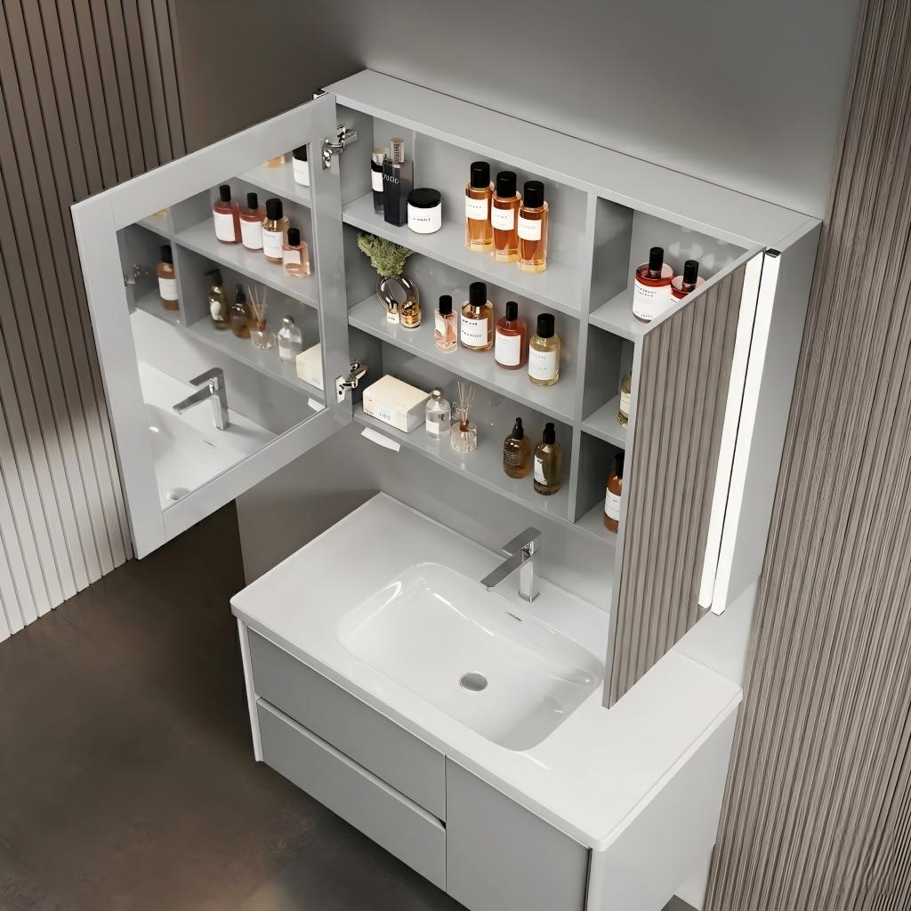 Solid Wood Bathroom Vanity with Smart Mirror & Ambient Lighting