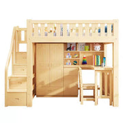 Solid Wood Loft Bed with Desk & Wardrobe for Compact Spaces