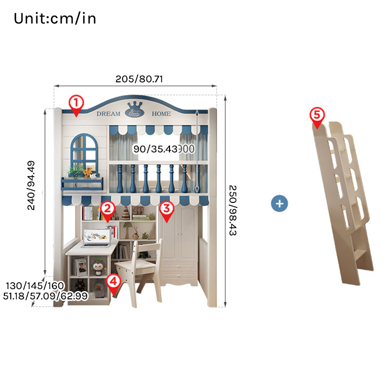 Kids Loft Bed with Ladder & Storage Wardrobe | Space-Saving Study Bed Combo
