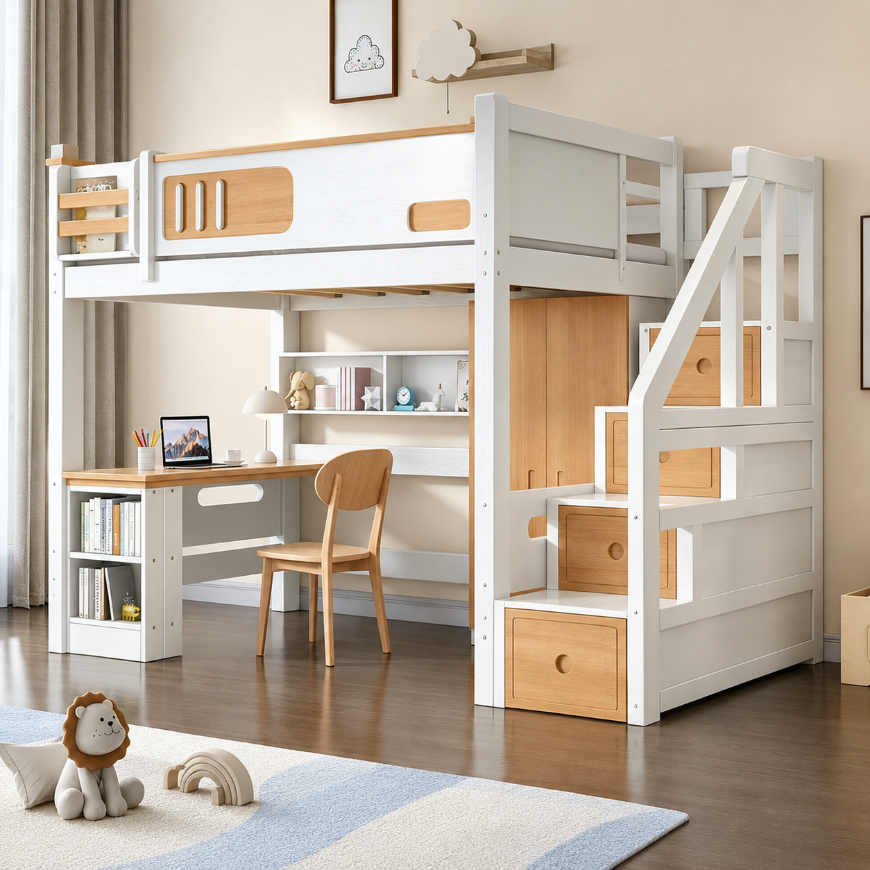 Space-Saving Timber Loft Bed with Integrated Desk & Wardrobe - Premium All-in-One Bedroom Suite