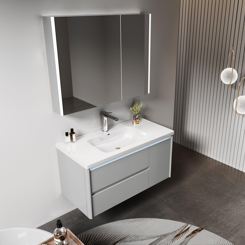 Solid Wood Bathroom Vanity with Smart Mirror & Ambient Lighting