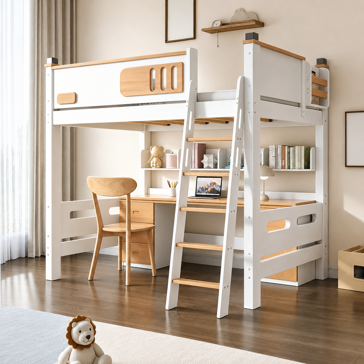 Space-Saving Timber Loft Bed with Integrated Desk & Wardrobe - Premium All-in-One Bedroom Suite