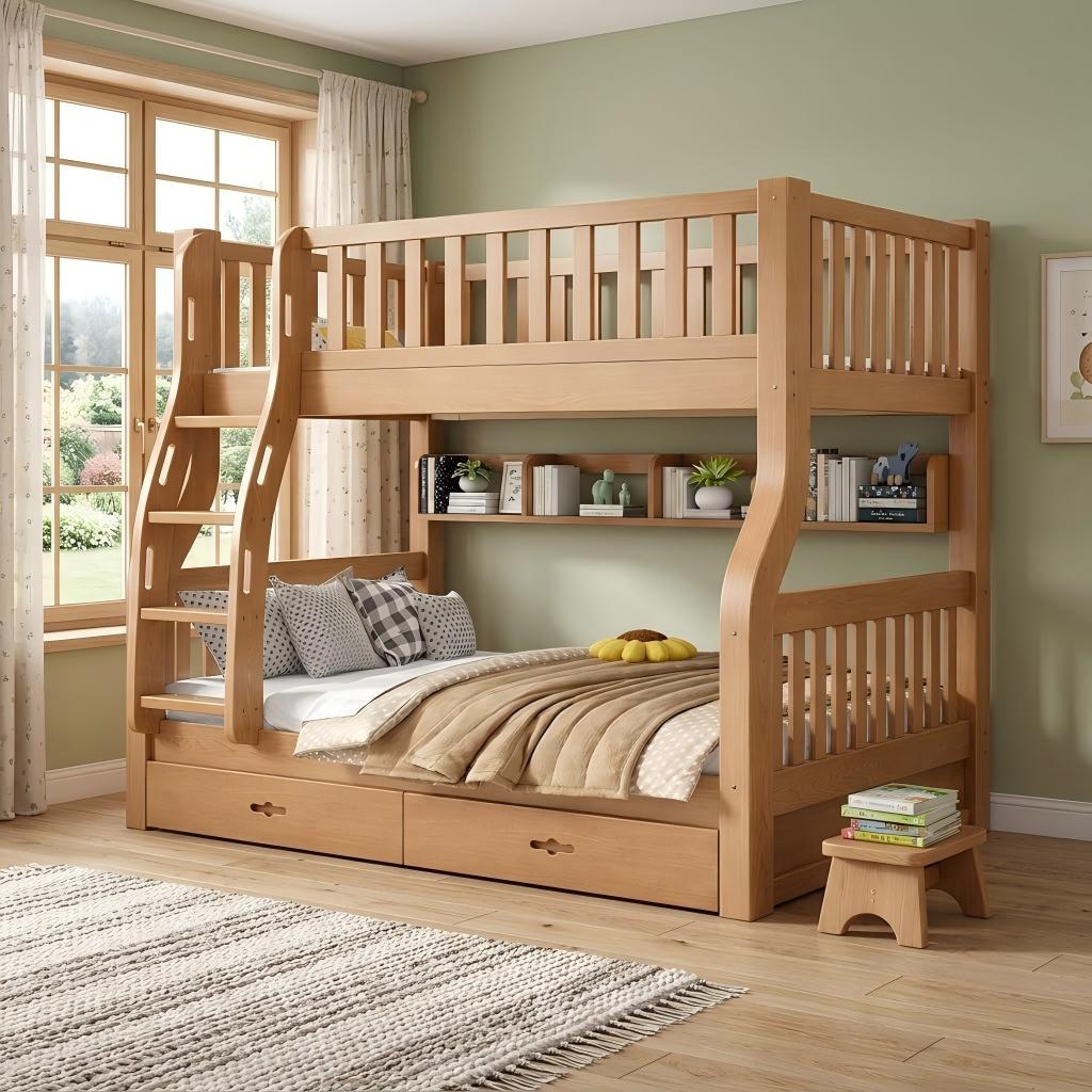 Solid Rubberwood Bunk Bed for Shared Bedrooms and Compact Living Spaces