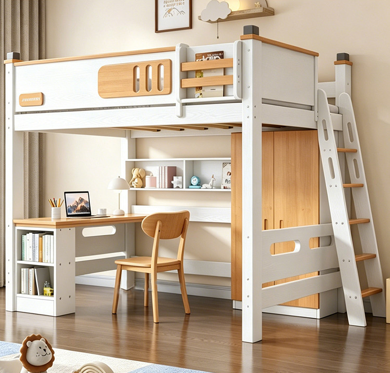 Space-Saving Timber Loft Bed with Integrated Desk & Wardrobe - Premium All-in-One Bedroom Suite