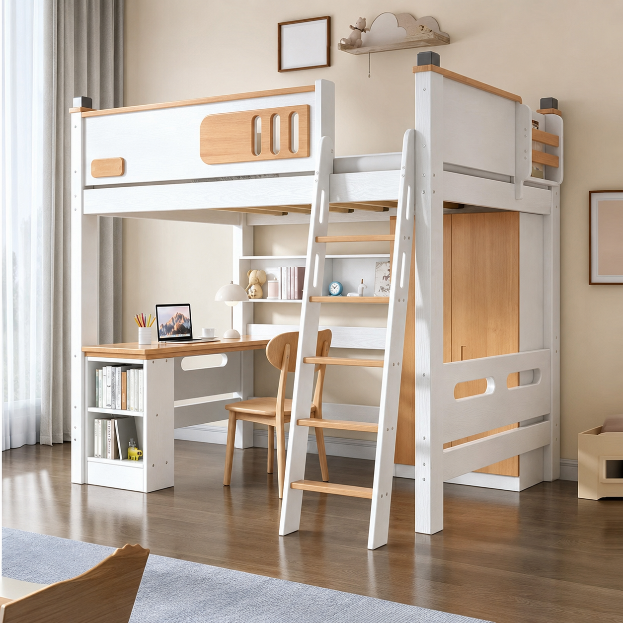Space-Saving Timber Loft Bed with Integrated Desk & Wardrobe - Premium All-in-One Bedroom Suite