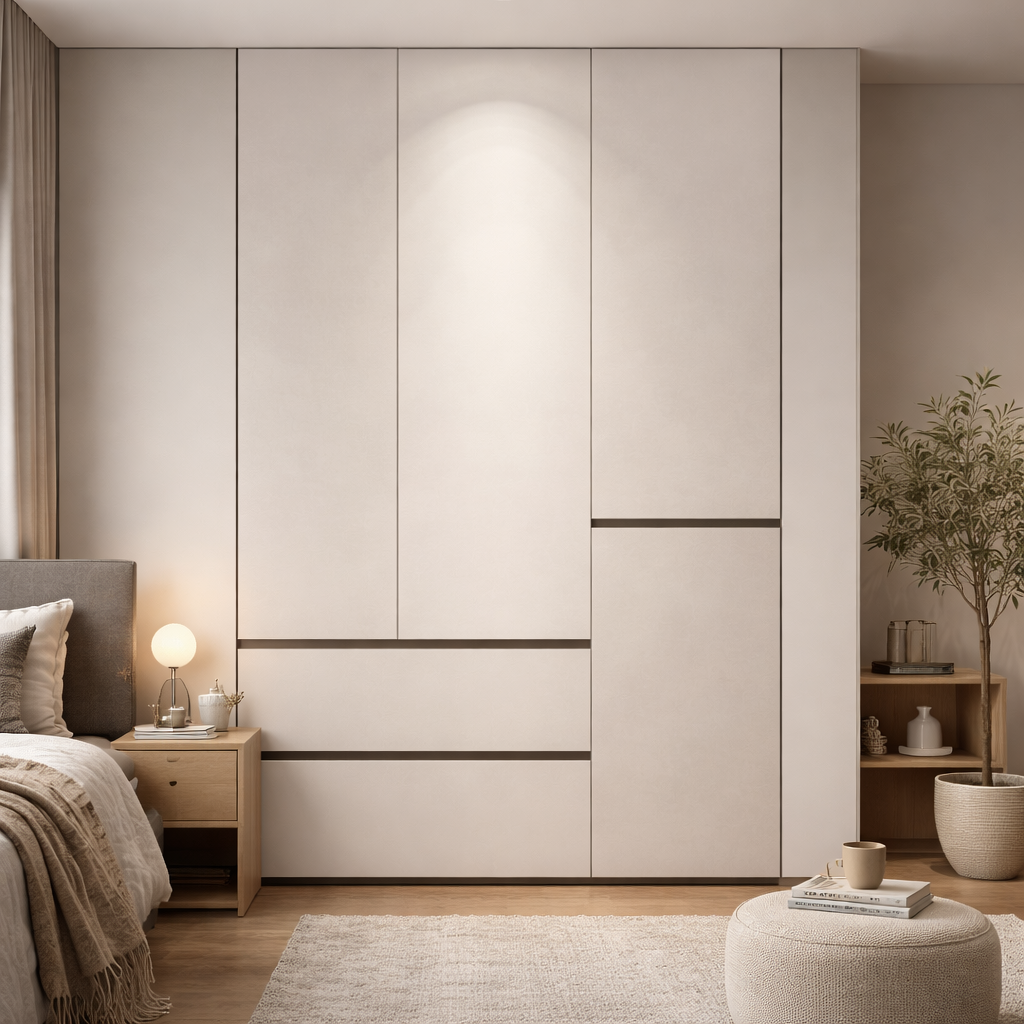 1.2m Modern Handleless Wardrobe - Geometric White Wood Grain Minimalist Closet