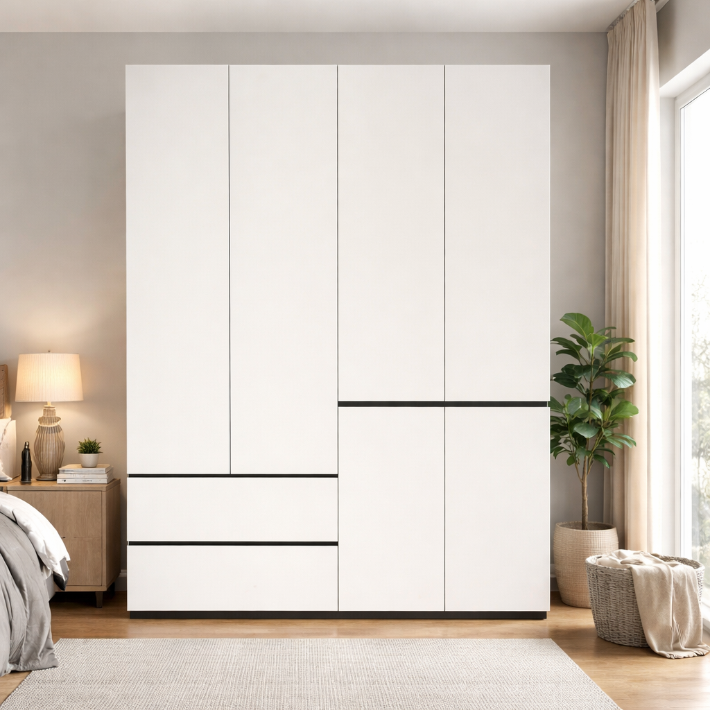 1.4m Modern Handleless Wardrobe - Extra Wide Geometric White Closet