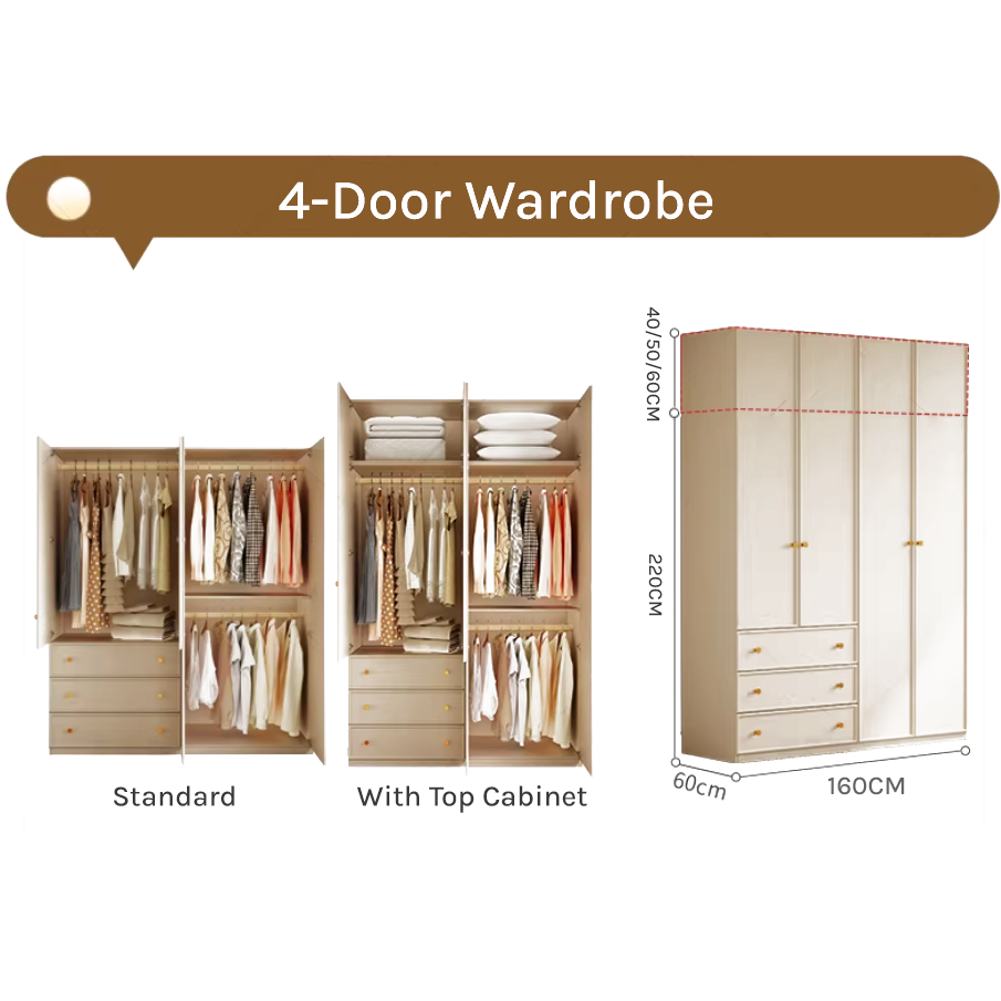 1.6m Master Bedroom Wardrobe - Modular White Closet with Optional Top Cabinets Dimensional Drawing