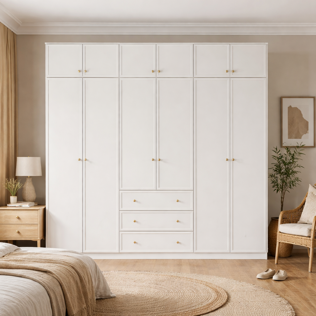 2.4m Full-Wall Modular Wardrobe - Ultimate 2.4m White Closet with Top Cabinets 