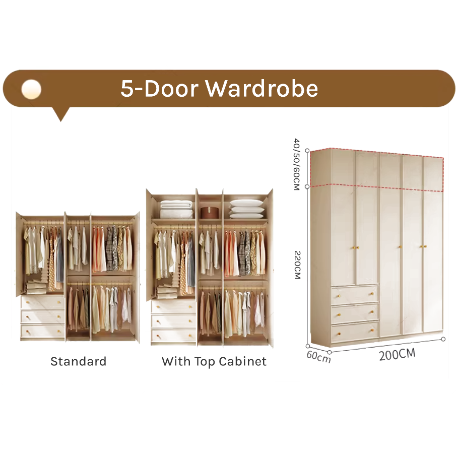 2m Grand Modular Wardrobe - Customizable 2m White Closet with Top Cabinets Dimensional Drawing