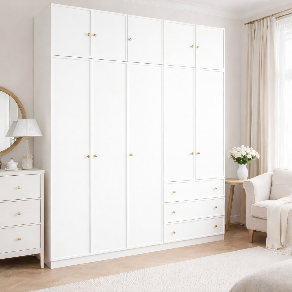 2m Grand Modular Wardrobe - Customizable 2m White Closet with Top Cabinets 