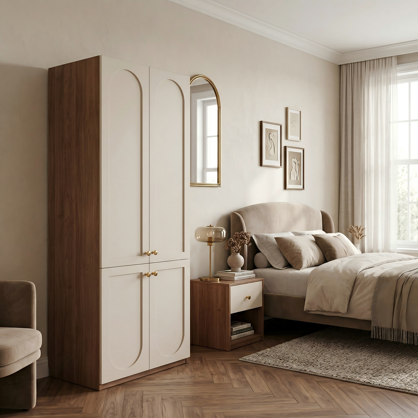 0.8m Compact Bedroom Wardrobe - Narrow French Cream Style Closet