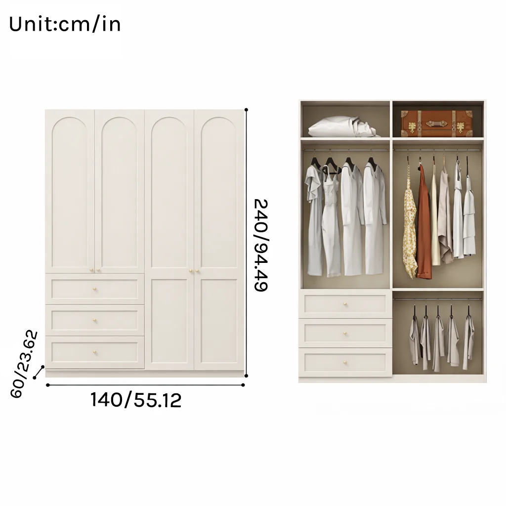 Lune Series - 1.4m Bedroom Wardrobe - French Cream Style Extra Wide Family Closet