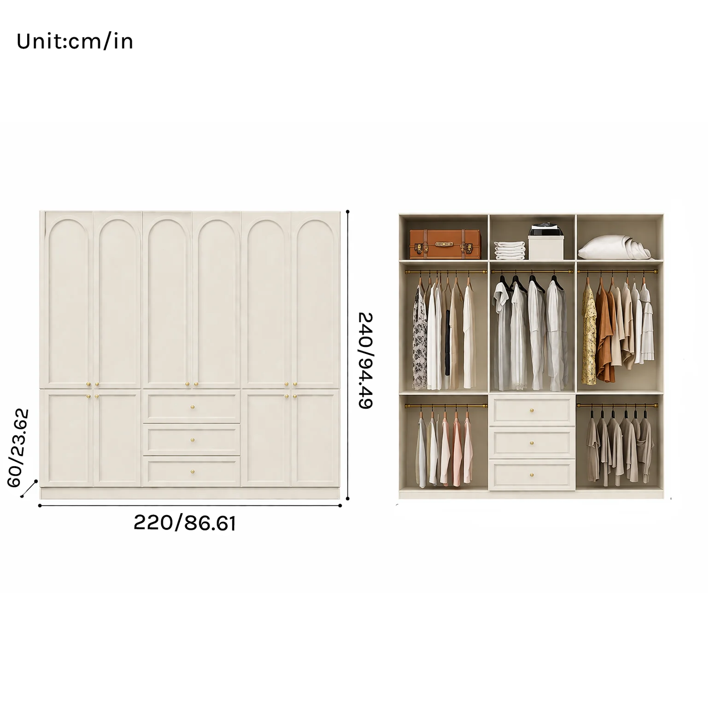 （In Stock）Lune Series - 2.2m Bedroom Wardrobe - Grand French Cream Style 2.2m Wall-to-Wall Closet